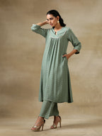 trueBrowns Light Green Bandhani Printed Silk Yoke Kurta Pant Set | Grocsy