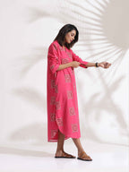 trueBrowns Pink Cotton Print A-line Dress | Grocsy