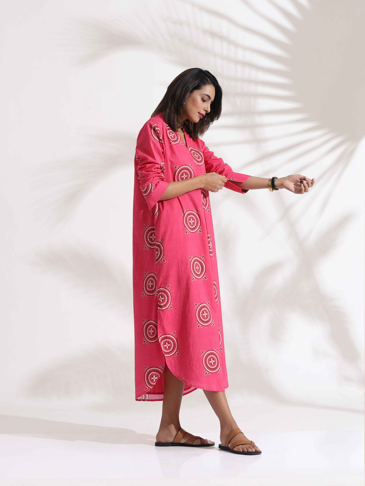 trueBrowns Pink Cotton Print A-line Dress | Grocsy