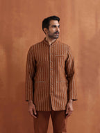 trueBrowns Men's Brown Cotton Dobby Long Jacket | Grocsy