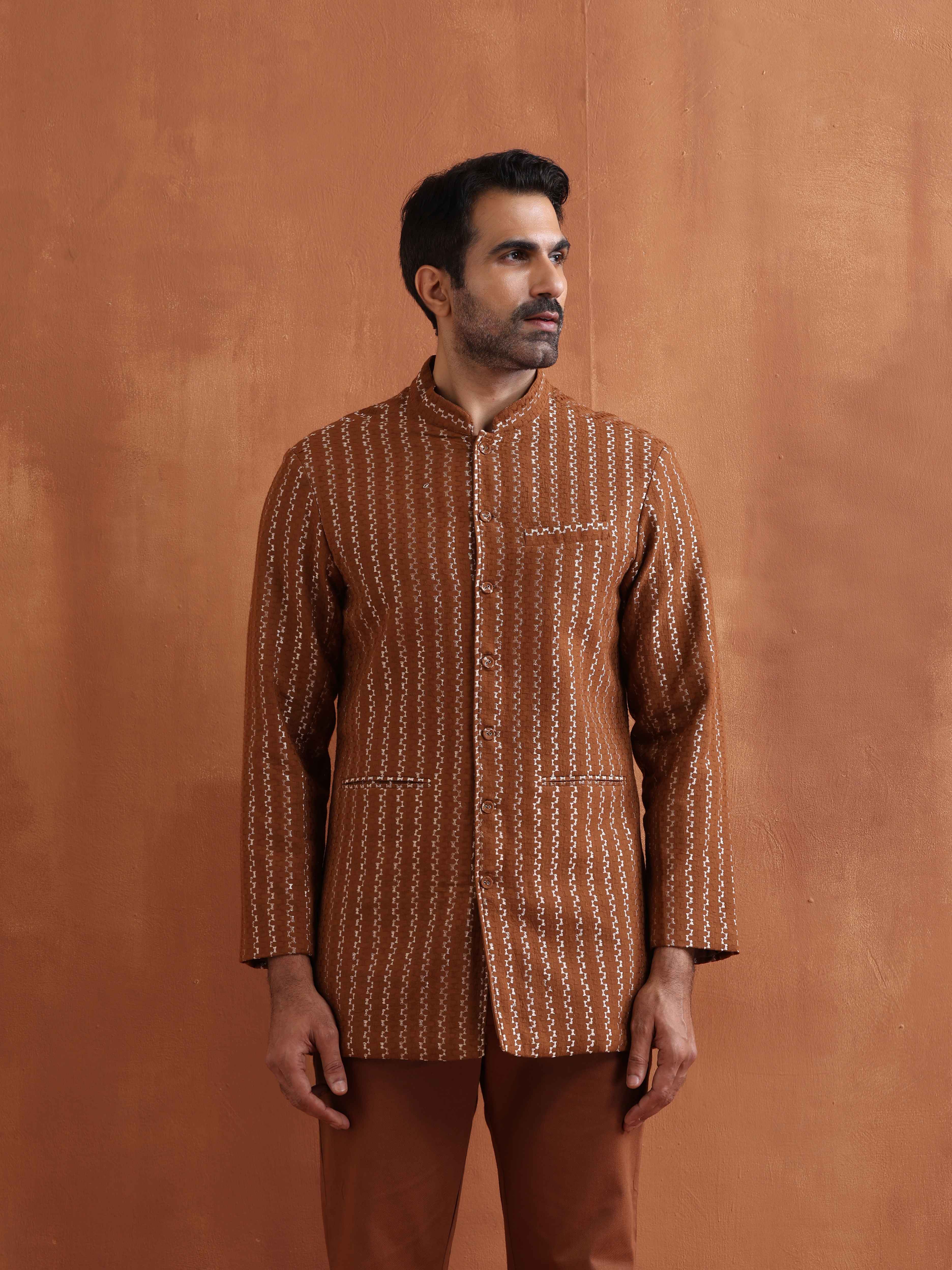 trueBrowns Men's Brown Cotton Dobby Long Jacket | Grocsy