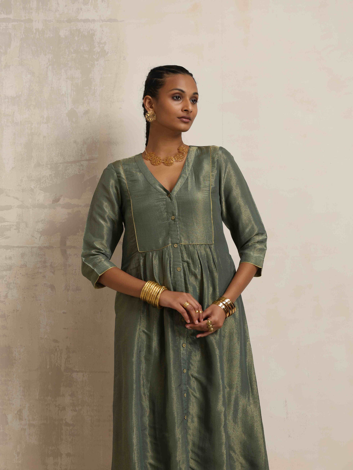 trueBrowns Green Tissue A-line Kurta Set | Grocsy
