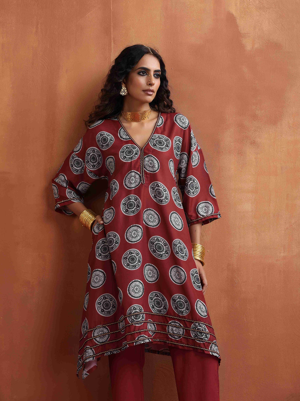 trueBrowns Maroon Print A-line Kurta Co-ord Set | Grocsy
