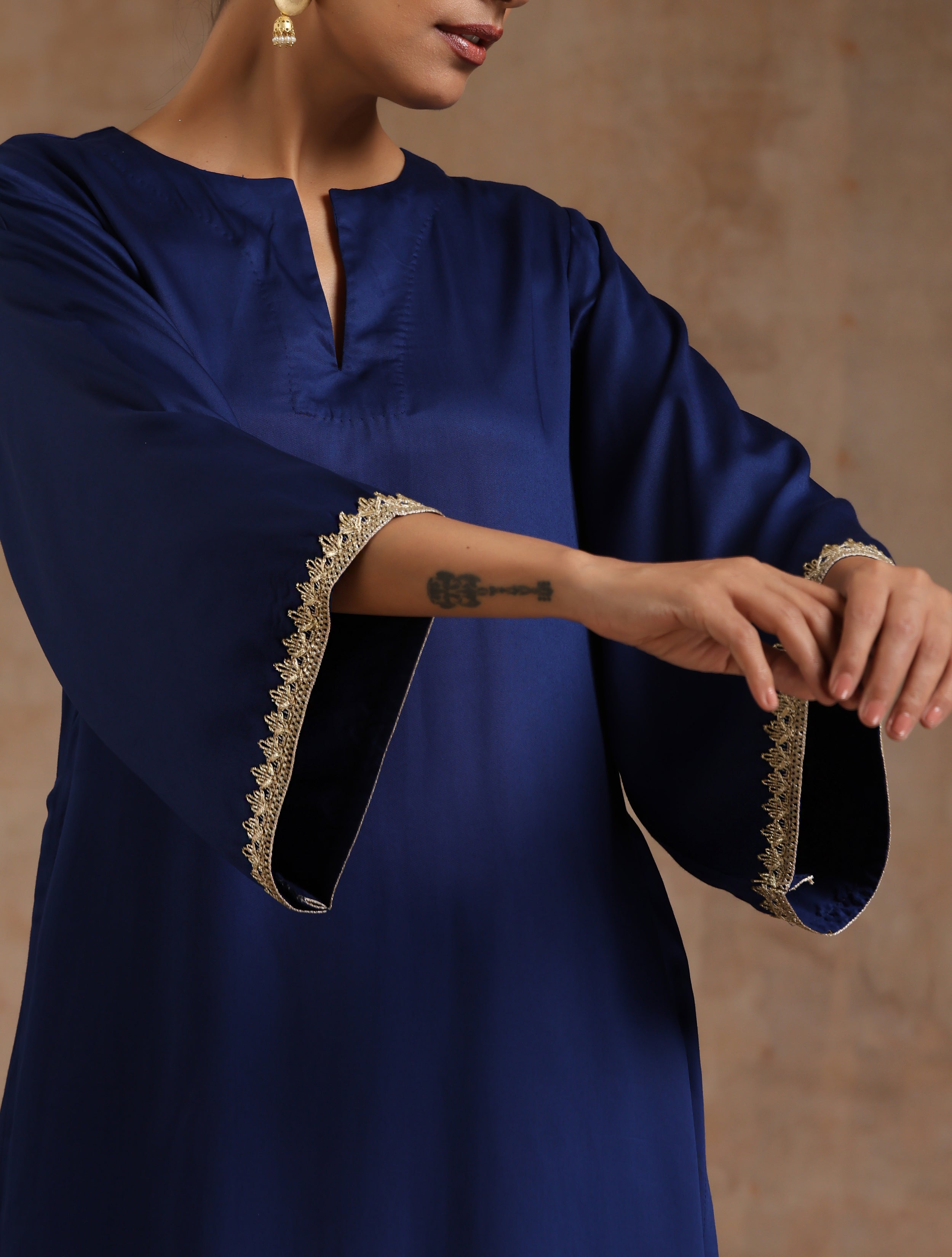 trueBrowns Midnight Blue Modal Satin Relax Kurta Set | Grocsy