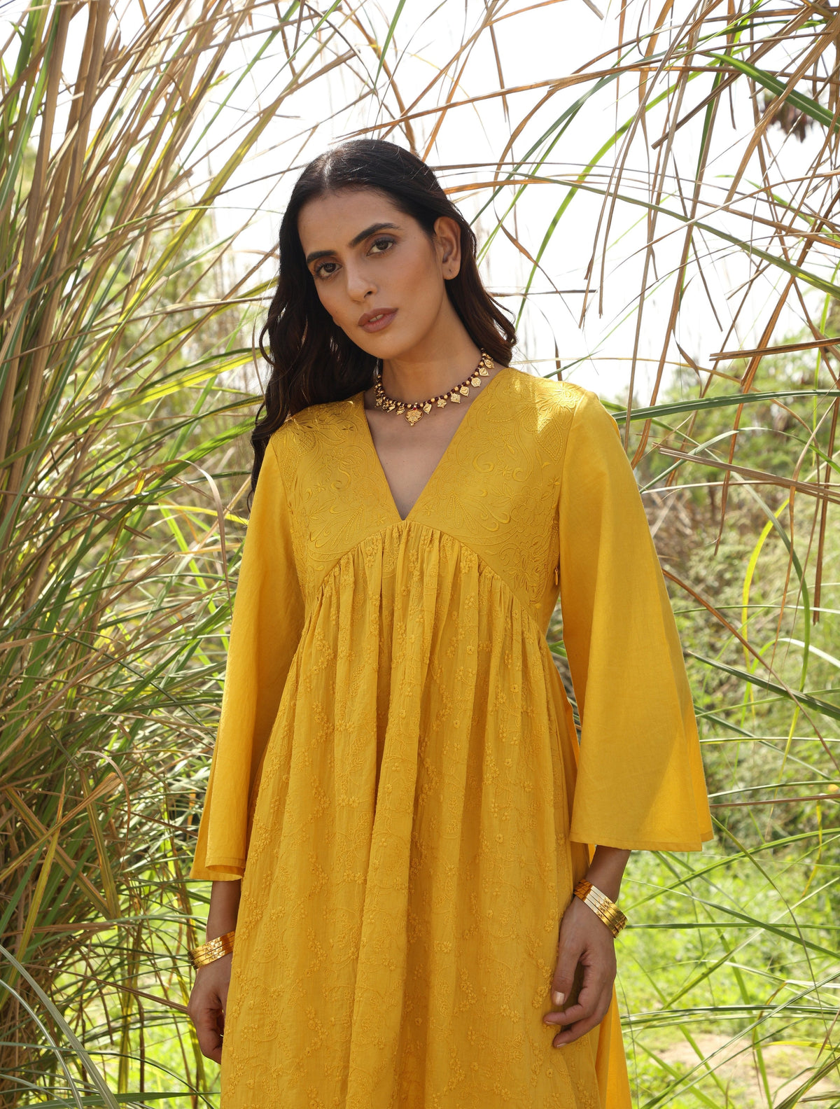 trueBrowns Mustard Cotton Embroidered Flared Kurta Set | Grocsy