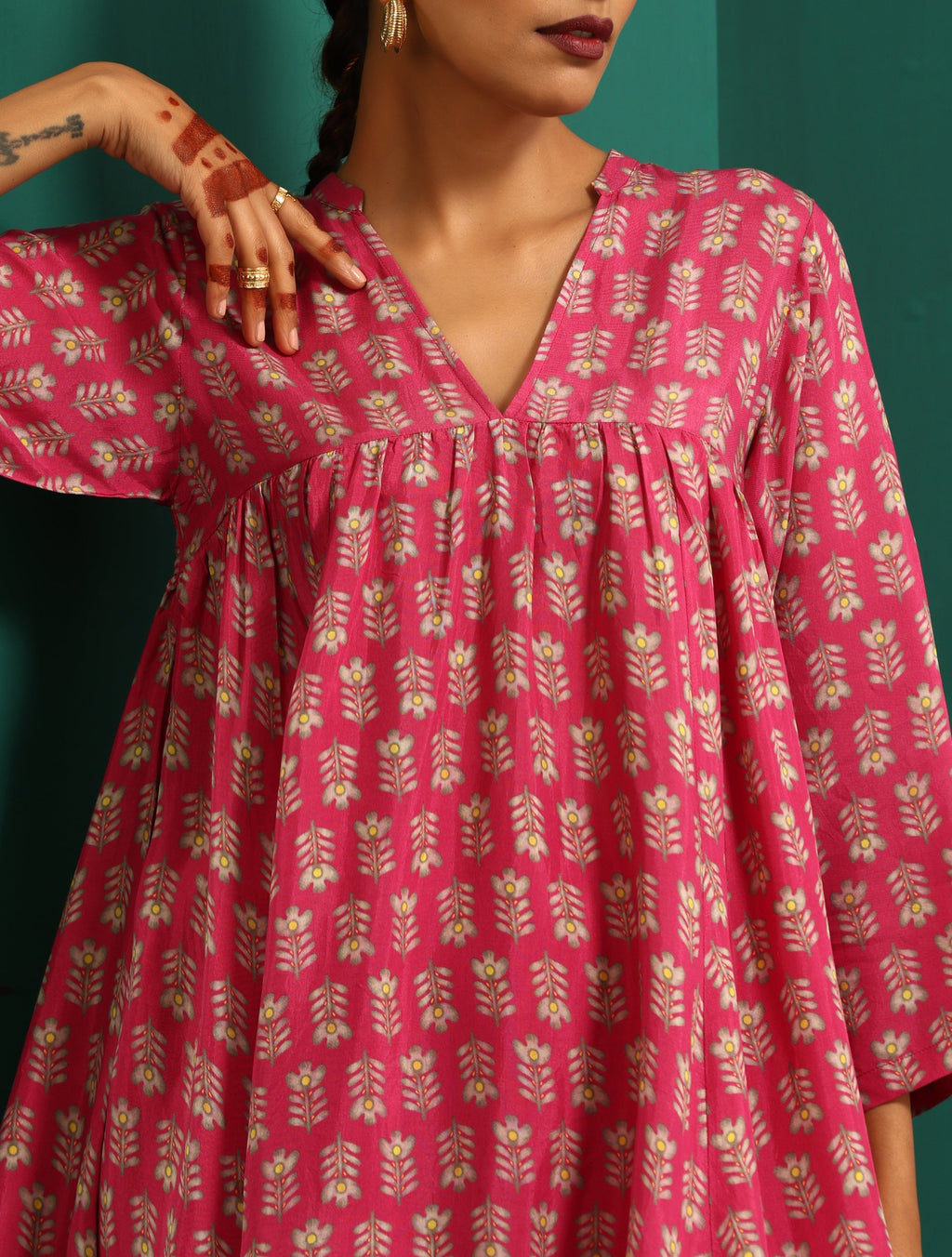 trueBrowns Pink Leaf Muslin Silk Printed Yoke Gathered Co-ord Set | Grocsy