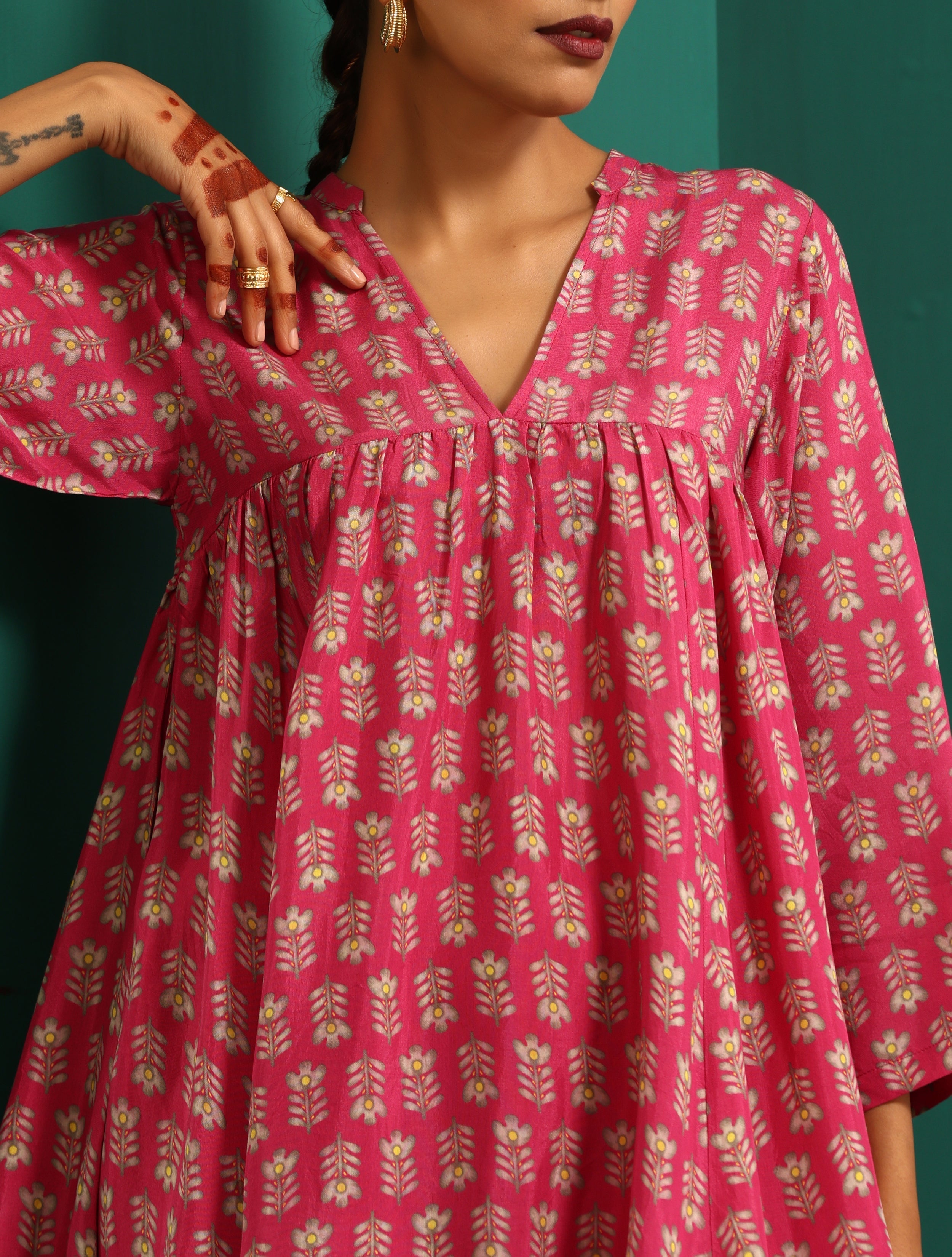 trueBrowns Pink Leaf Muslin Silk Printed Yoke Gathered Co-ord Set | Grocsy