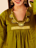 InWeave Women's Olive V Neck Asymmetrical Pleated Velvet Kurta Set | Grocsy
