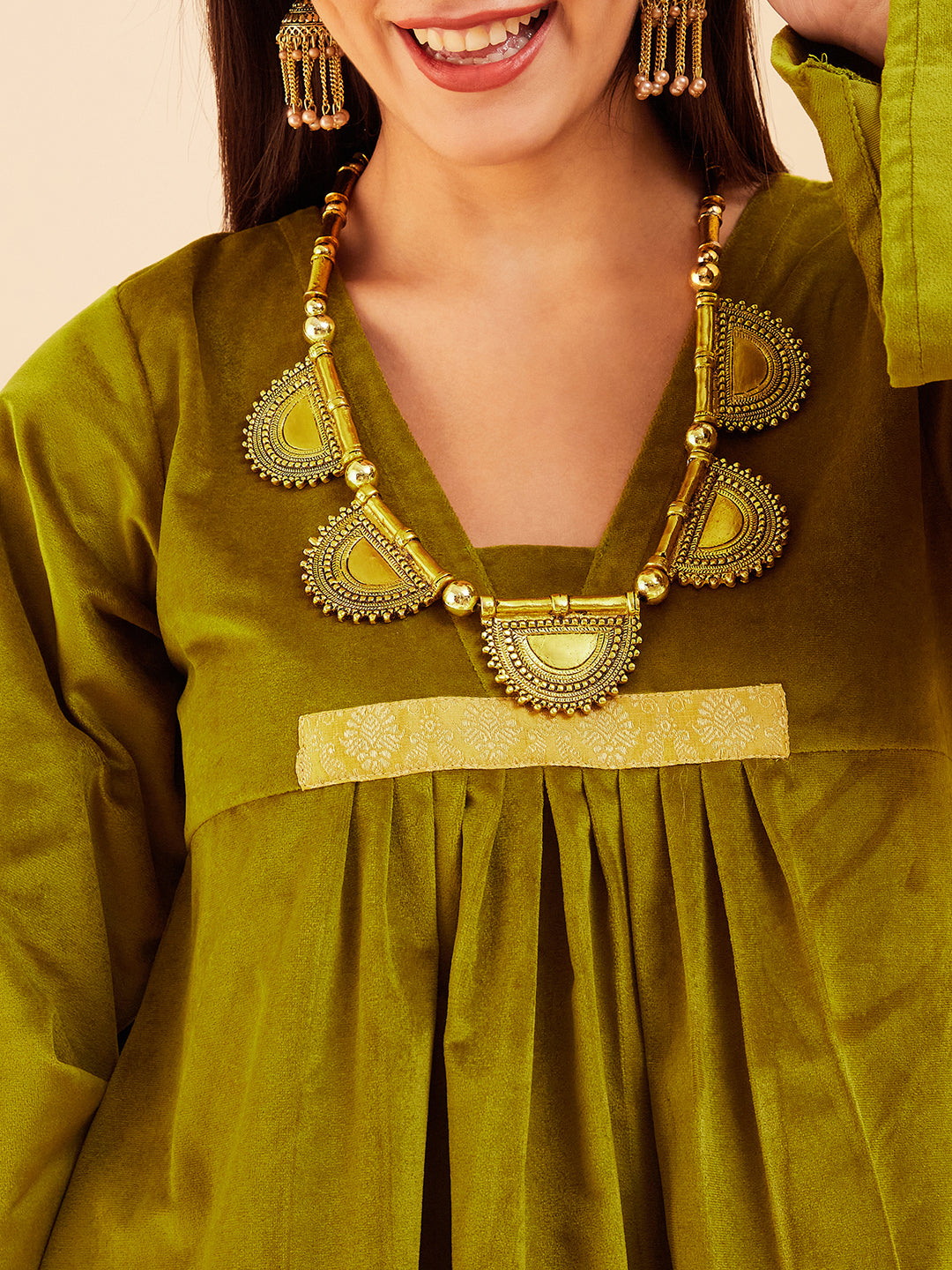 InWeave Women's Olive V Neck Asymmetrical Pleated Velvet Kurta Set | Grocsy