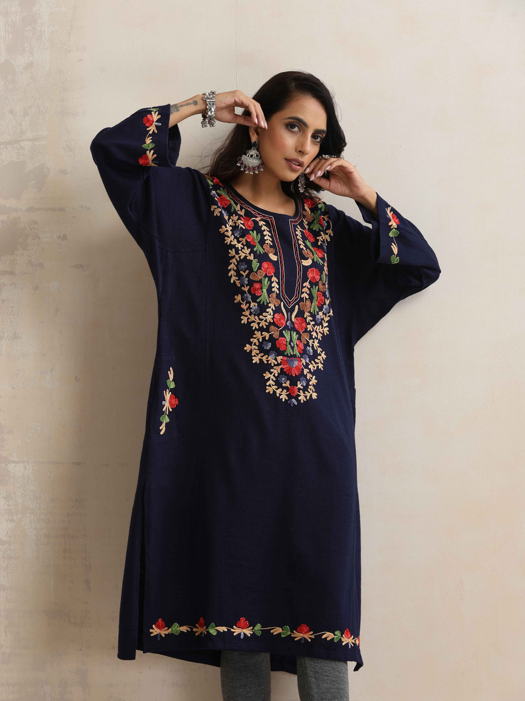 trueBrowns Blue Kashmiri Embroidered Woollen Phiran Kurta | Grocsy
