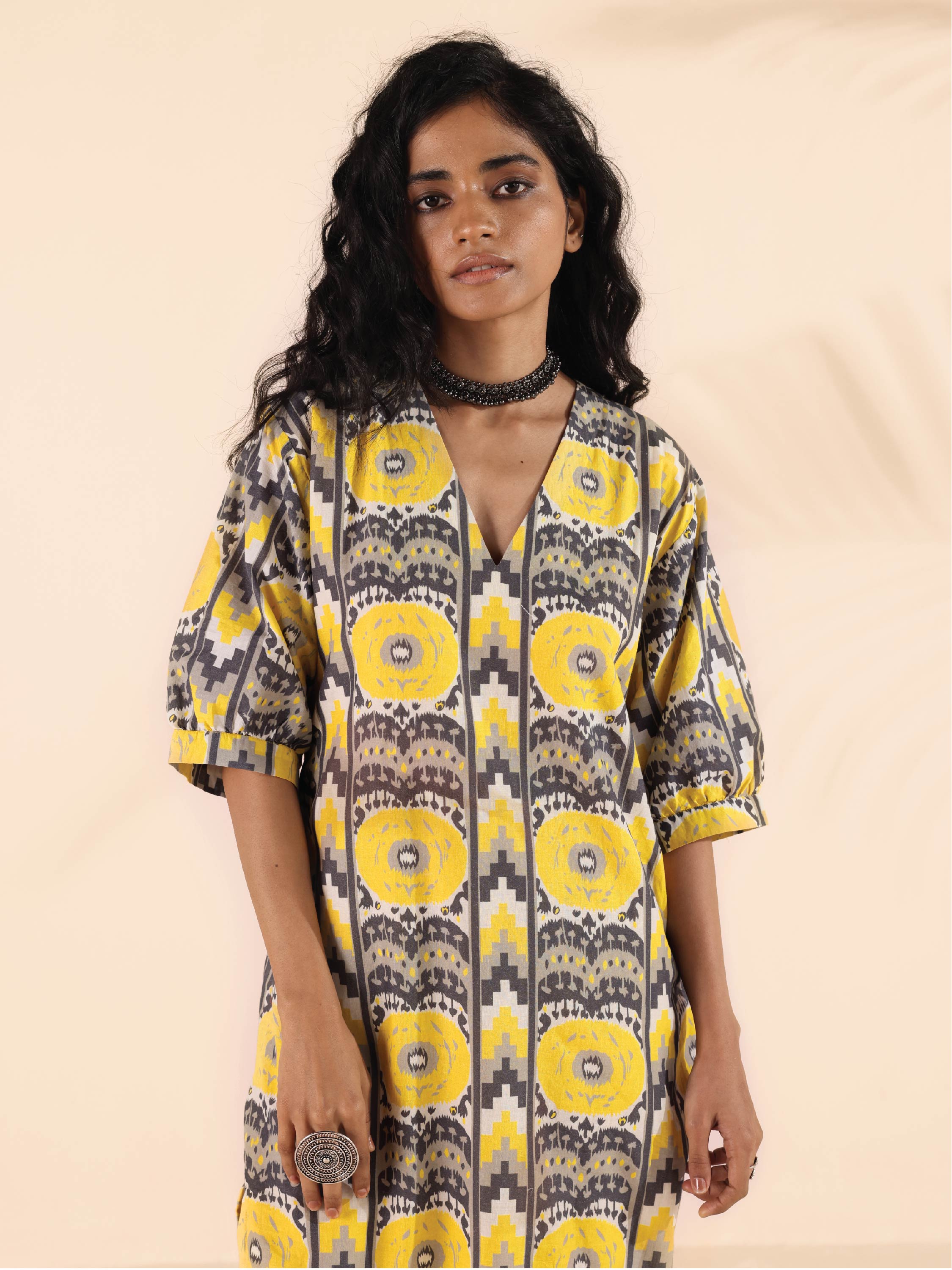 trueBrowns Yellow Cotton Ikat Slit Dress | Grocsy