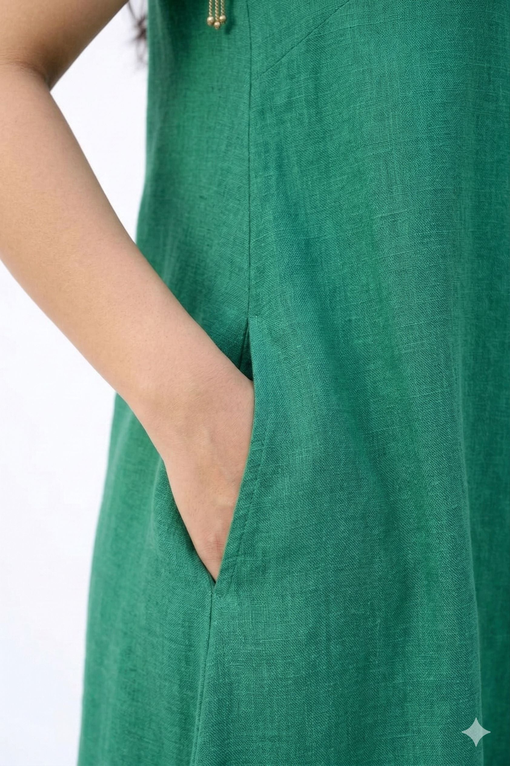Myshka Women Green Linen Smart Casual A-Line Midi Dress | Grocsy
