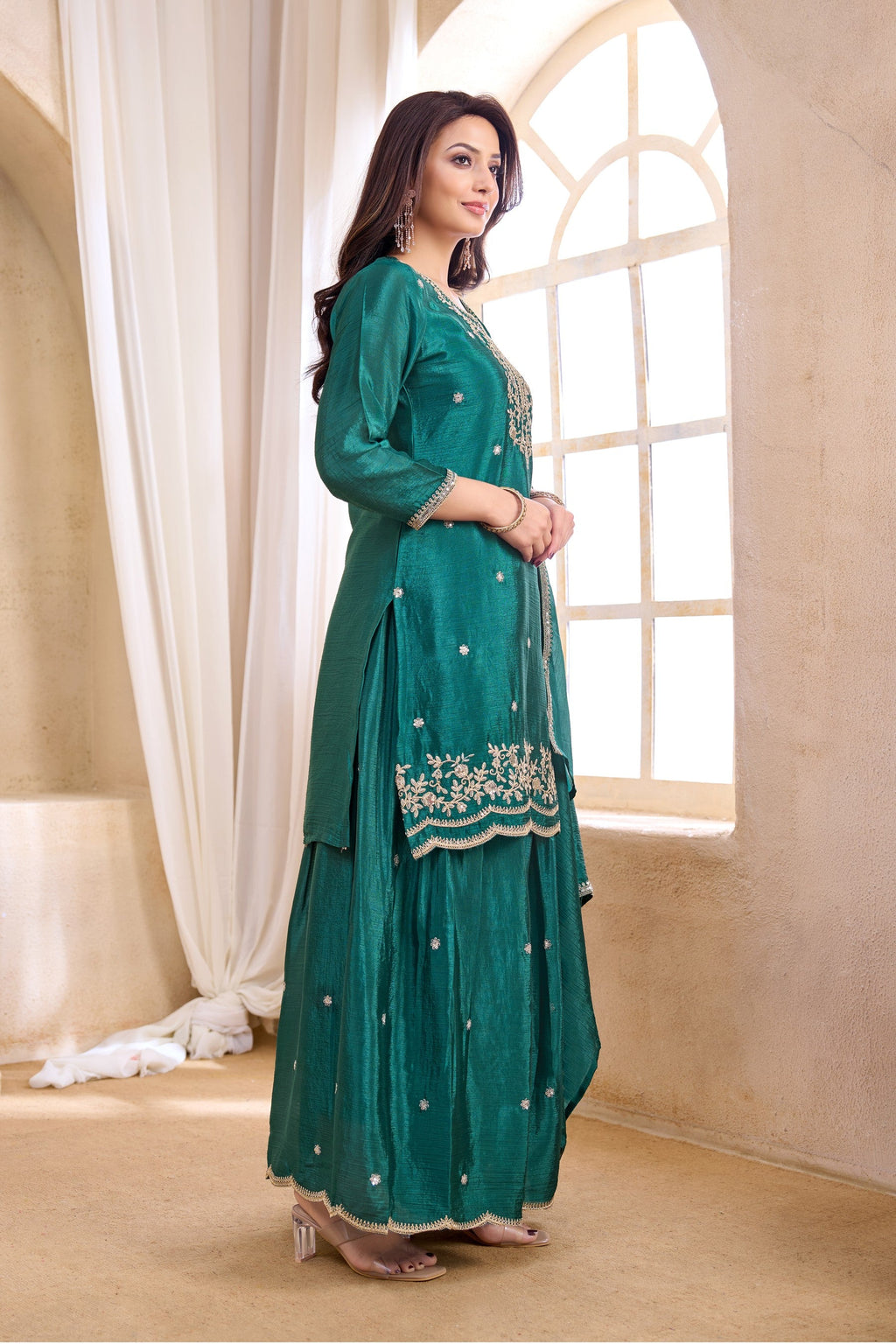 Anaita Teal Chiffon Readymade Suit with Coding Work | Grocsy