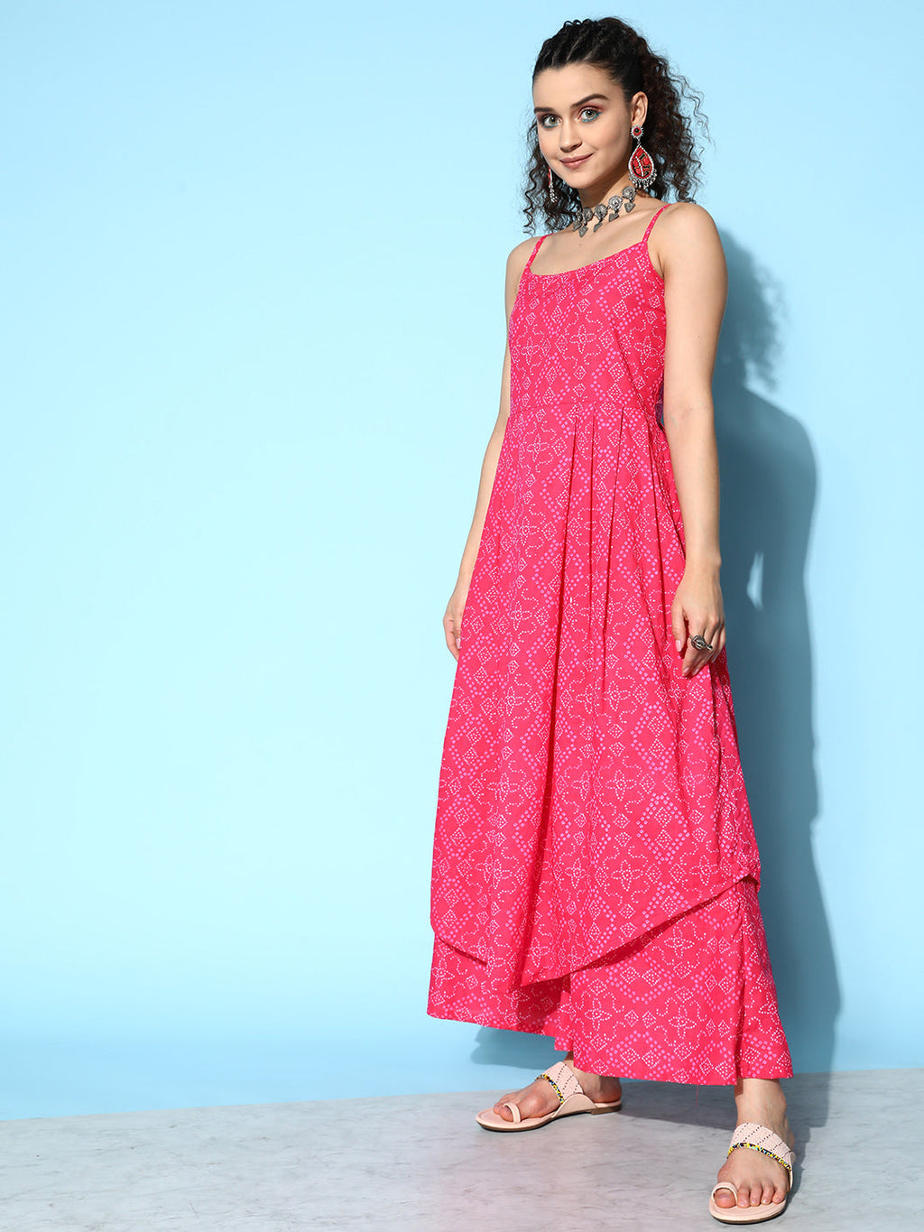 InWeave Women's Pink Bandhani Strappy Kurta Set | Grocsy