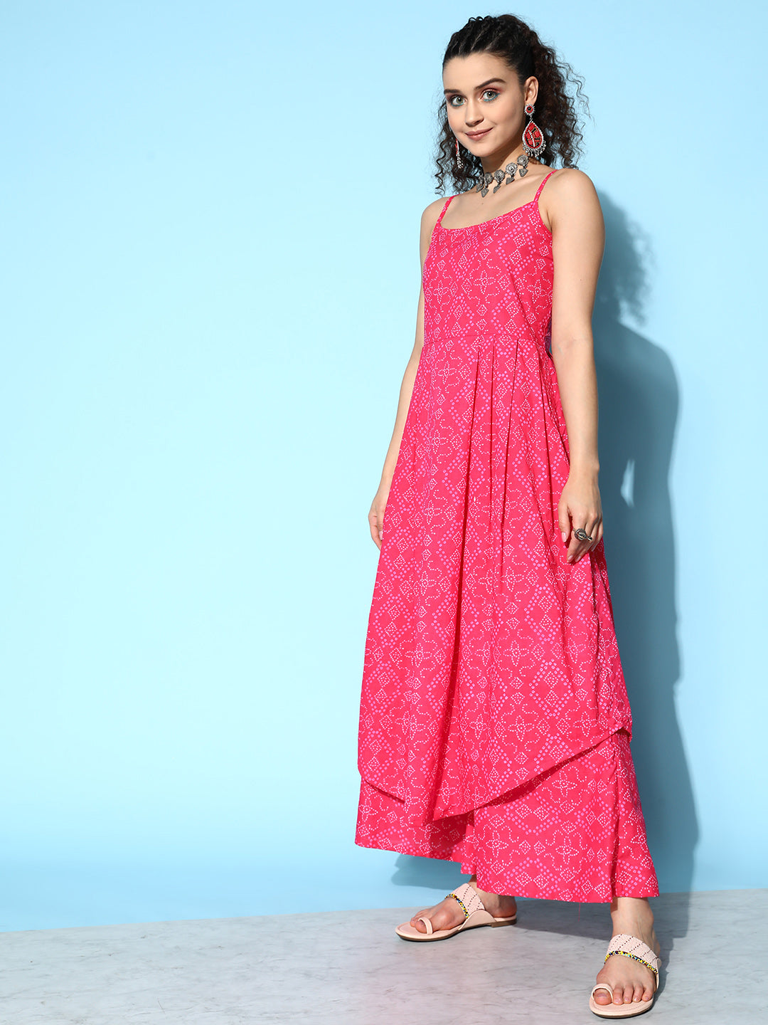 InWeave Women's Pink Bandhani Strappy Kurta Set | Grocsy