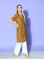 InWeave Women's Camel Brown Cream Pant Coord Set With White Butterfly Scarf | Grocsy