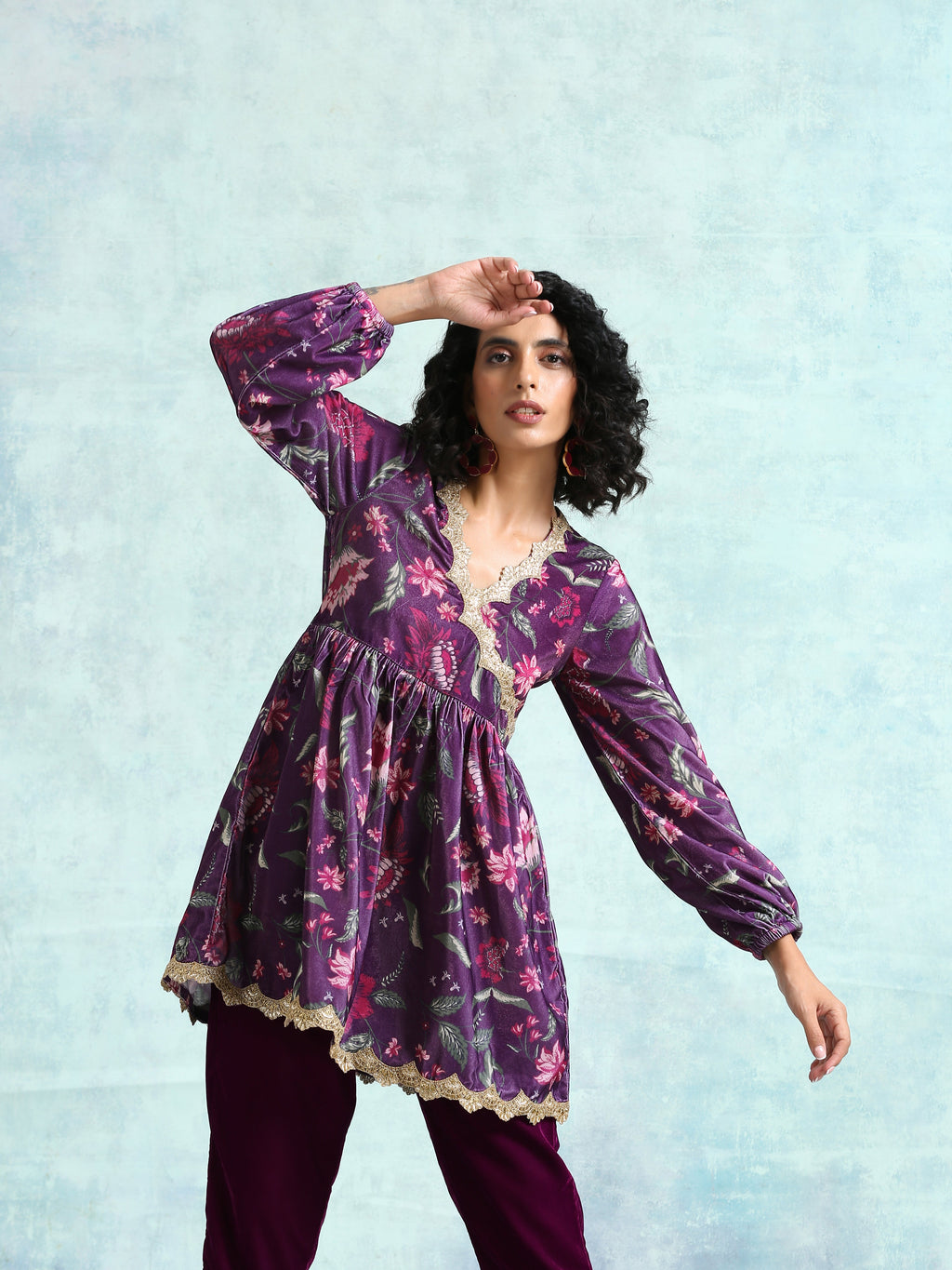trueBrowns Wine Printed Velvet Lace Co-Ord Set | Grocsy