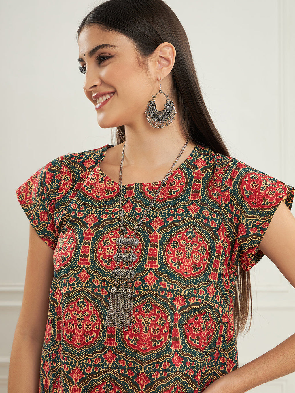 InWeave Women's Green Red Mughal Kalamkari A Line Dress | Grocsy