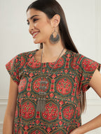InWeave Women's Green Red Mughal Kalamkari A Line Dress | Grocsy