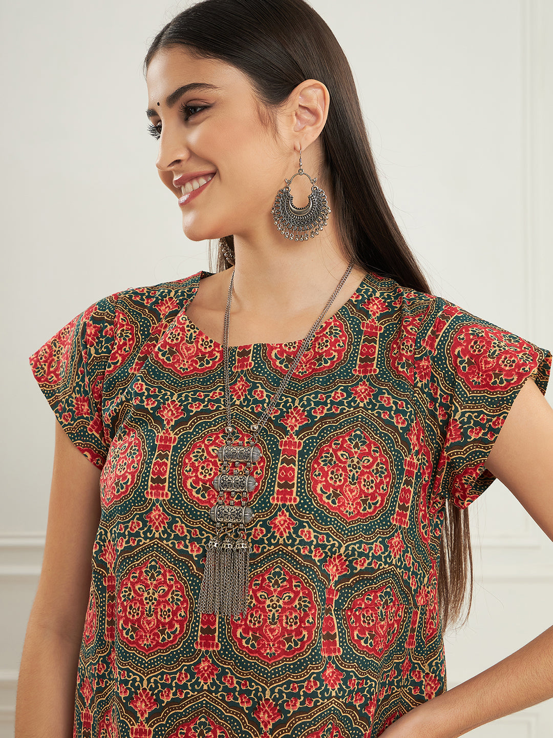 InWeave Women's Green Red Mughal Kalamkari A Line Dress | Grocsy