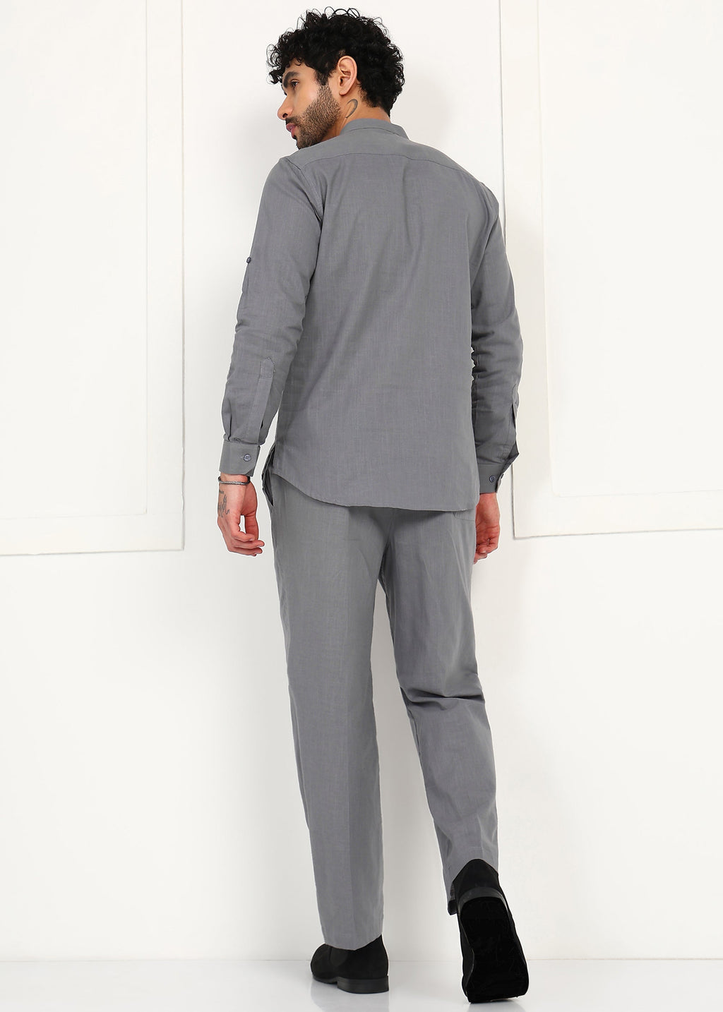 Fabmade Slate Grey Linen Short Kurta Co-Ord Set | Grocsy