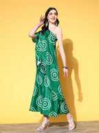 InWeave Women's Green Bandhani Motif One Shoulder Palazzo Set | Grocsy