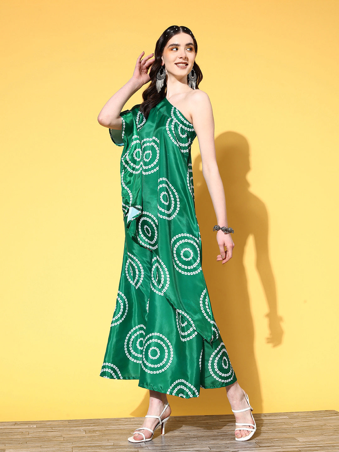 InWeave Women's Green Bandhani Motif One Shoulder Palazzo Set | Grocsy