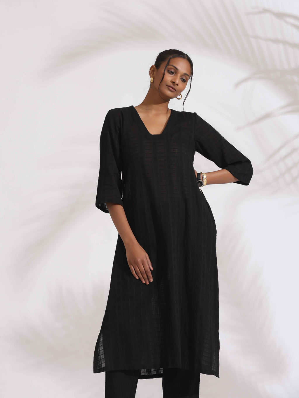 trueBrowns Black Cotton High Slit Kurta Set | Grocsy