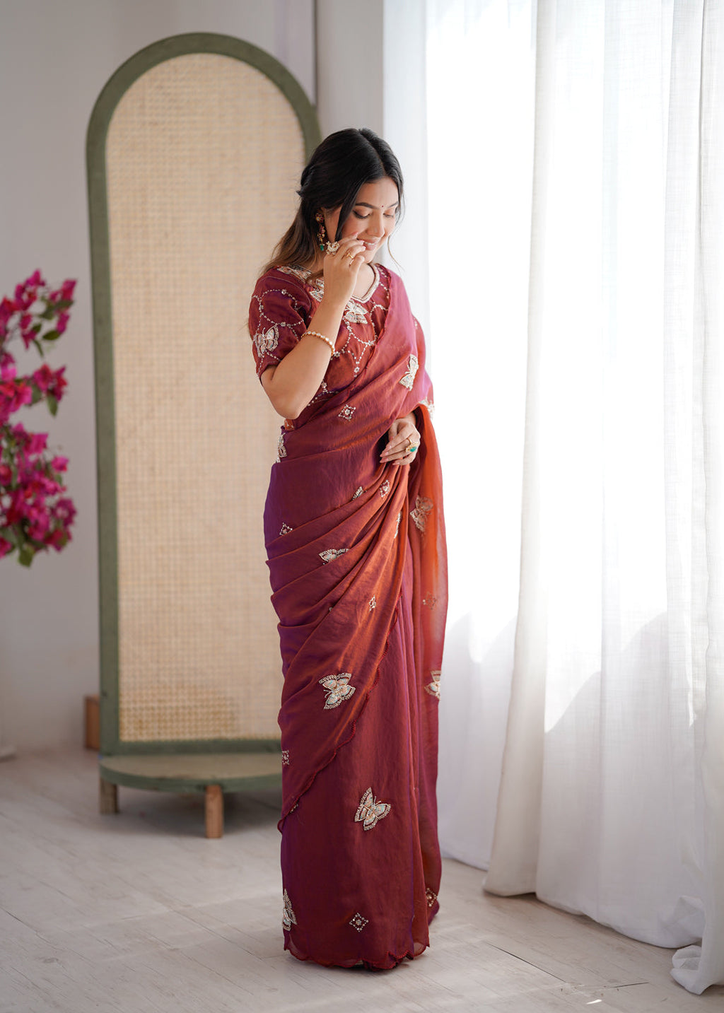 Evanik Rust Mos Silk With Handwork Butterfly Design Saree With Unstitched Blouse | Grocsy