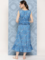 InWeave Women's Sapphire Blue Floral Paisley Print Long Frill Dress | Grocsy