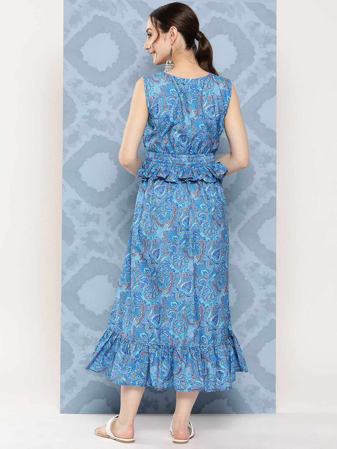 InWeave Women's Sapphire Blue Floral Paisley Print Long Frill Dress | Grocsy