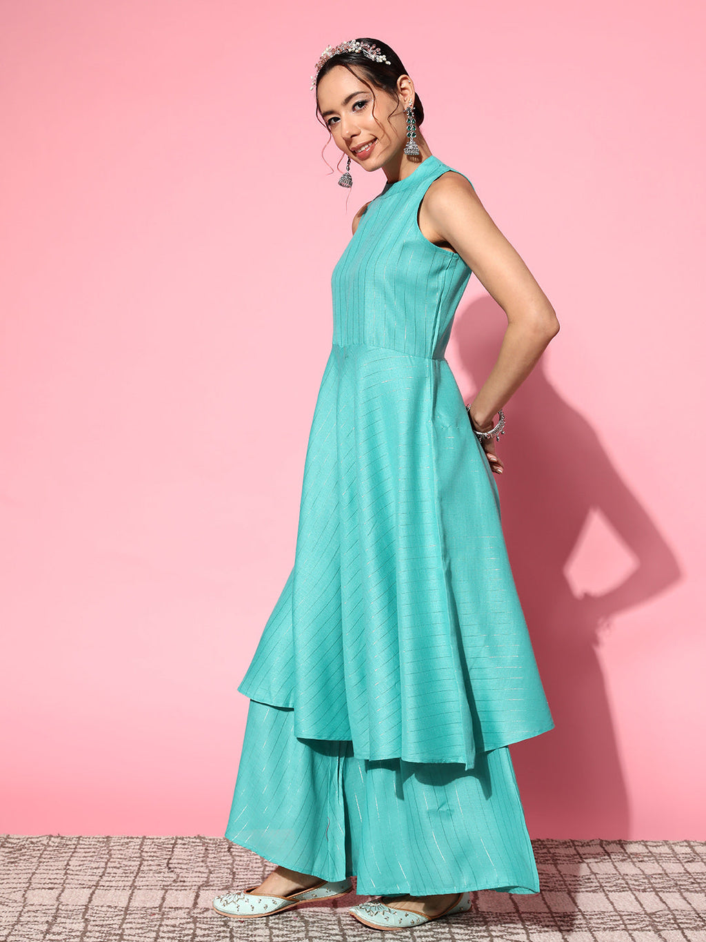 InWeave Women's Teal Lurex Boho Sleevless Kurta Set | Grocsy