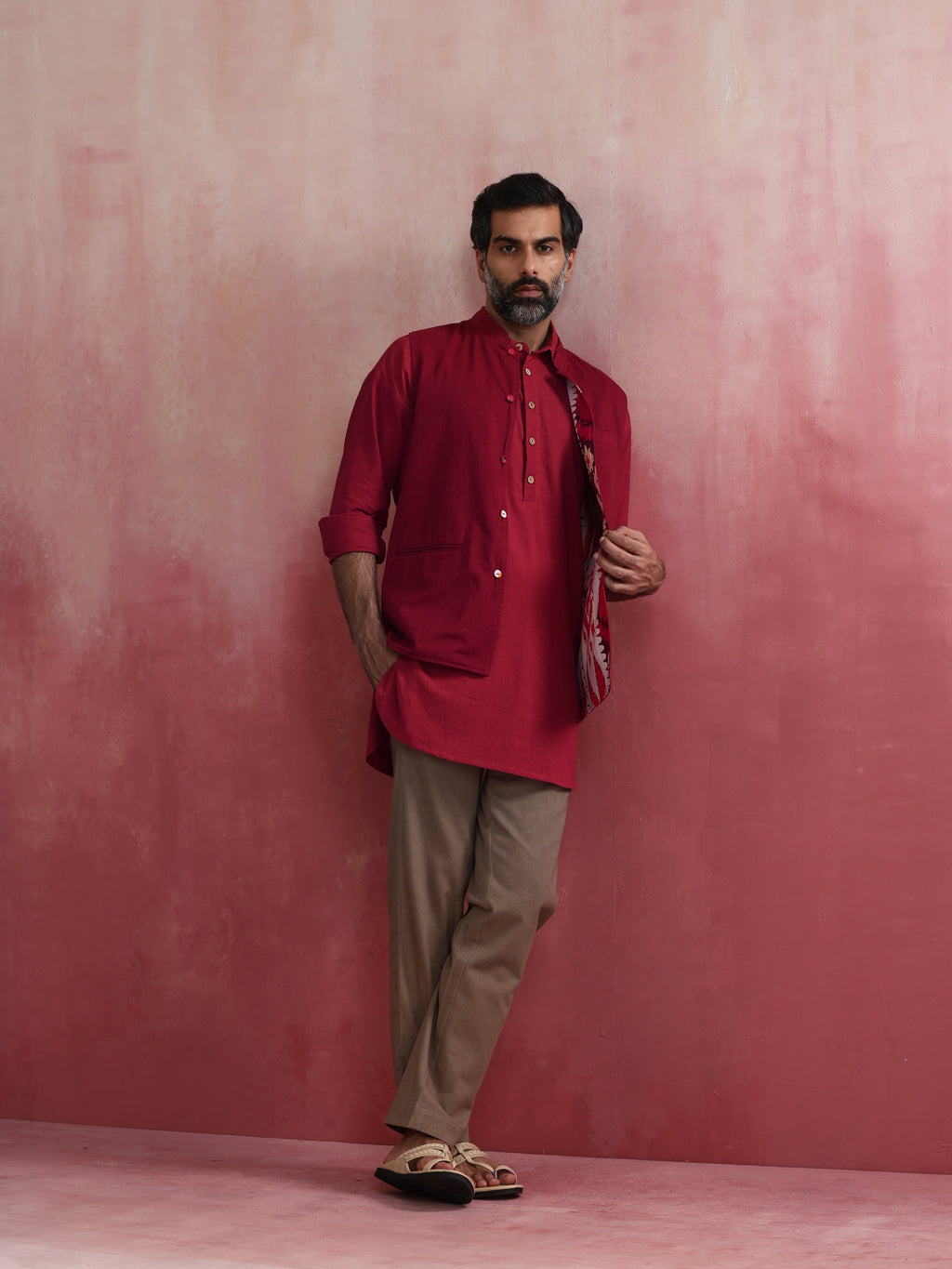 trueBrowns Men's Maroon Ikat Print Cotton Reversible Nehru Jacket | Grocsy