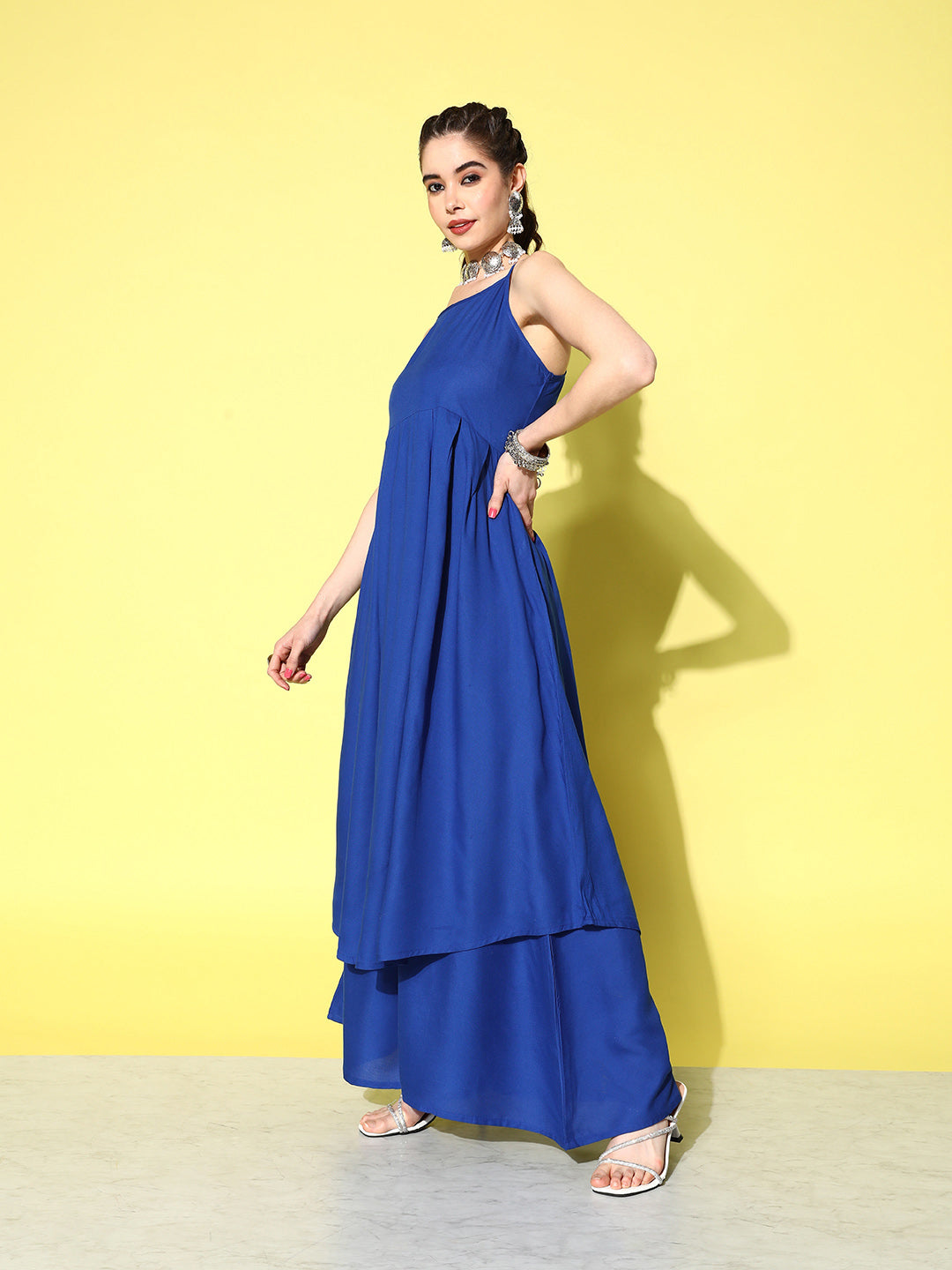 InWeave Women's Ink Blue Strappy Kurta Set With Pink Organza Cape | Grocsy