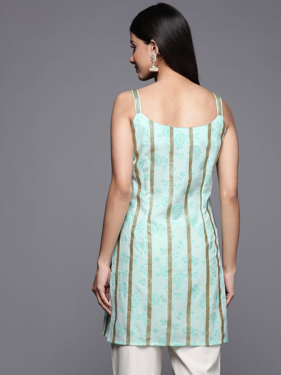Ahalyaa Striped Floral Printed Shoulder Straps Crepe Tunic | Grocsy