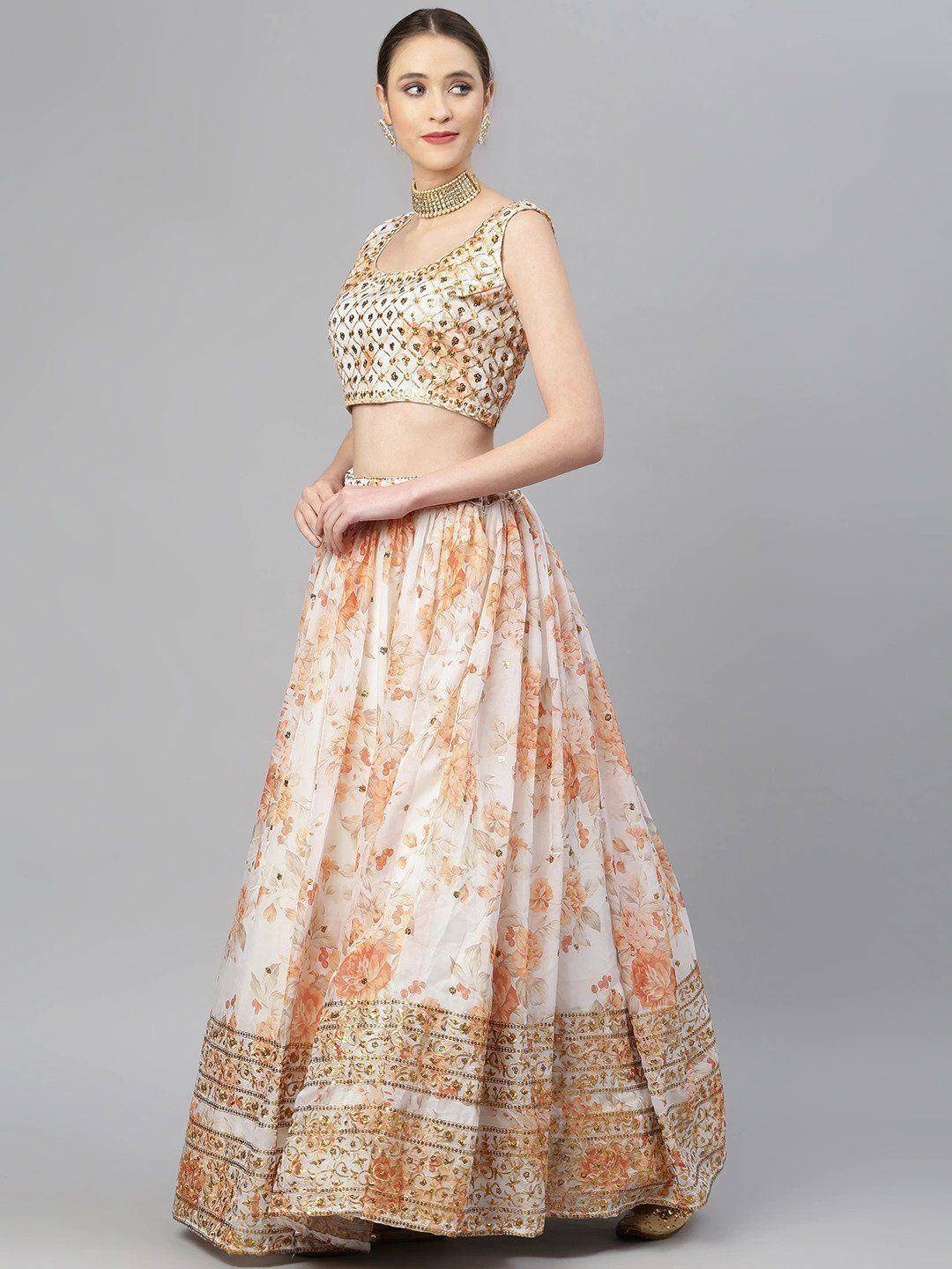 Tulsi Art Off White & Peach-Coloured Embellished Sequinned Semi-Stitched Myntra Lehenga | Grocsy