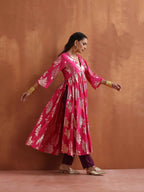 trueBrowns Pink Metallic Flared Anarkali Kurta Set | Grocsy