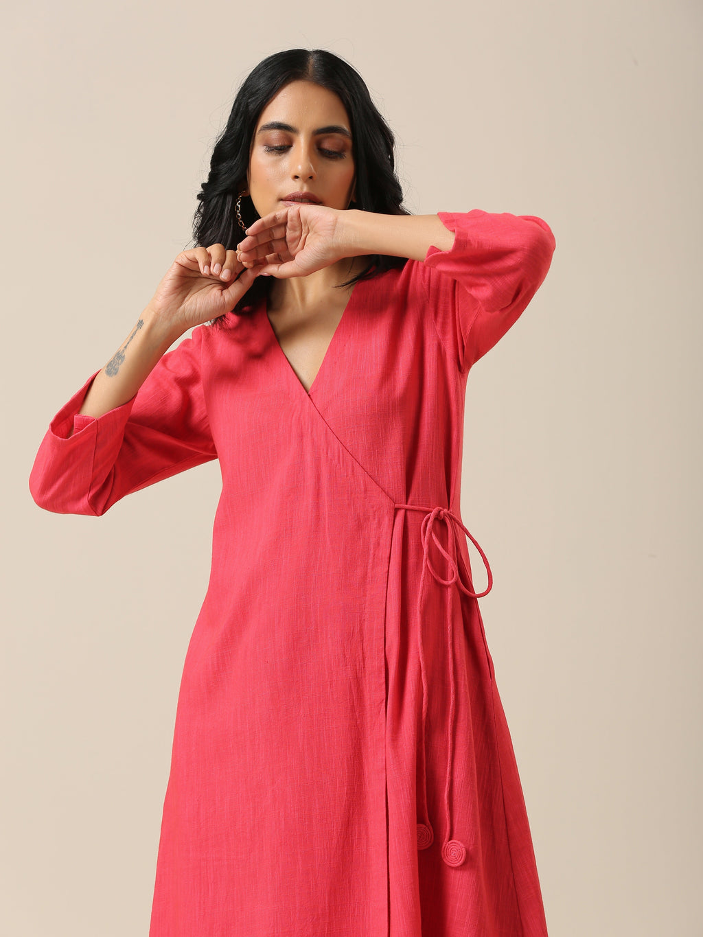 trueBrowns Bright Pink Slub Texture Angrakha Pant Set | Grocsy