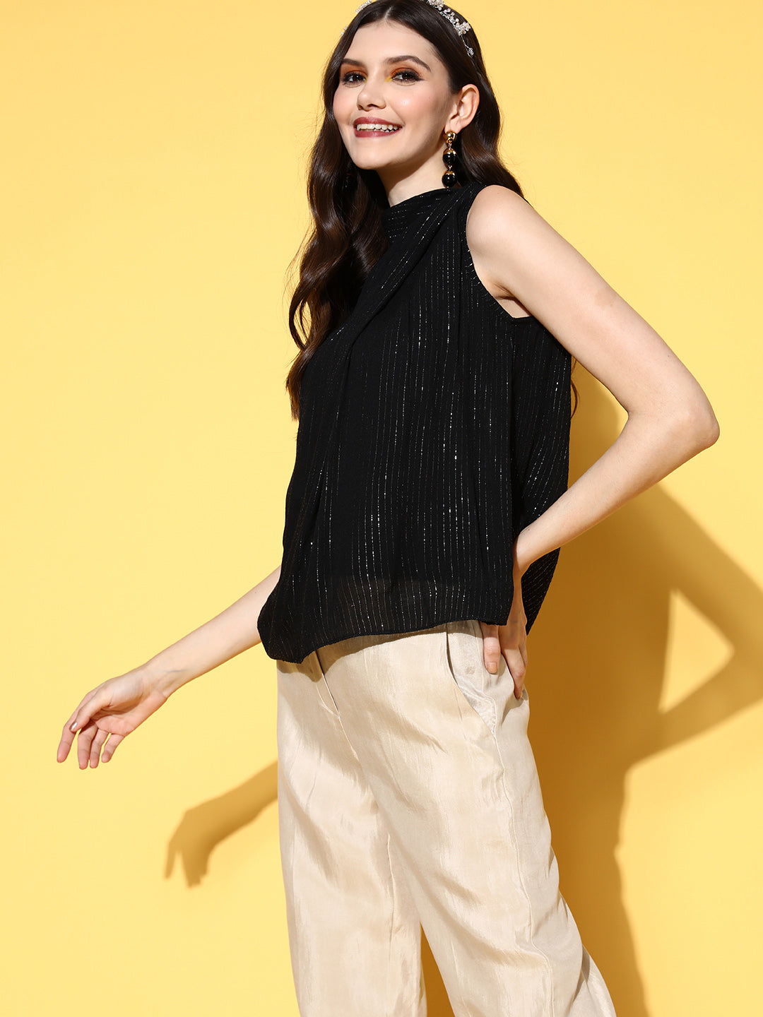 InWeave Women's Black Lurex Tie Up Top | Grocsy