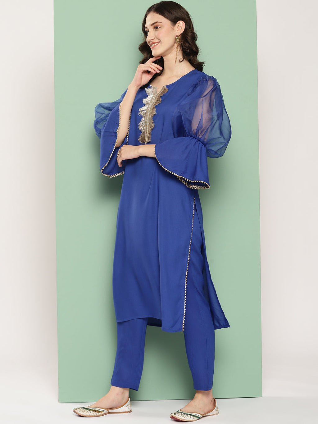 InWeave Women's Ink Blue Organza Sleeve Kurta Set W Blue Fuchsia Or Dupatta | Grocsy