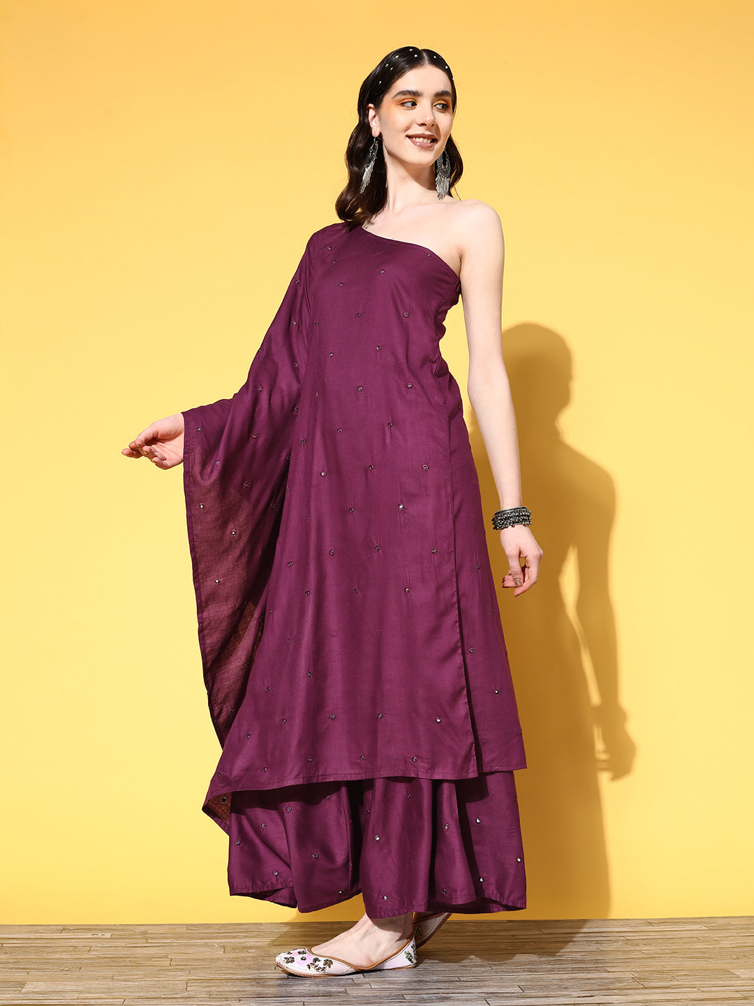 InWeave Women's Wine Mirror Work One Shoulder Kurta Set With Dupatta | Grocsy