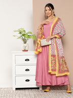 InWeave Women's Light Pink Ray Strappy Kurta Set With Printed Cotton Dupatta | Grocsy