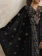 trueBrowns Black Velvet Floral Embroidered Kurta Pant Dupatta Set | Grocsy
