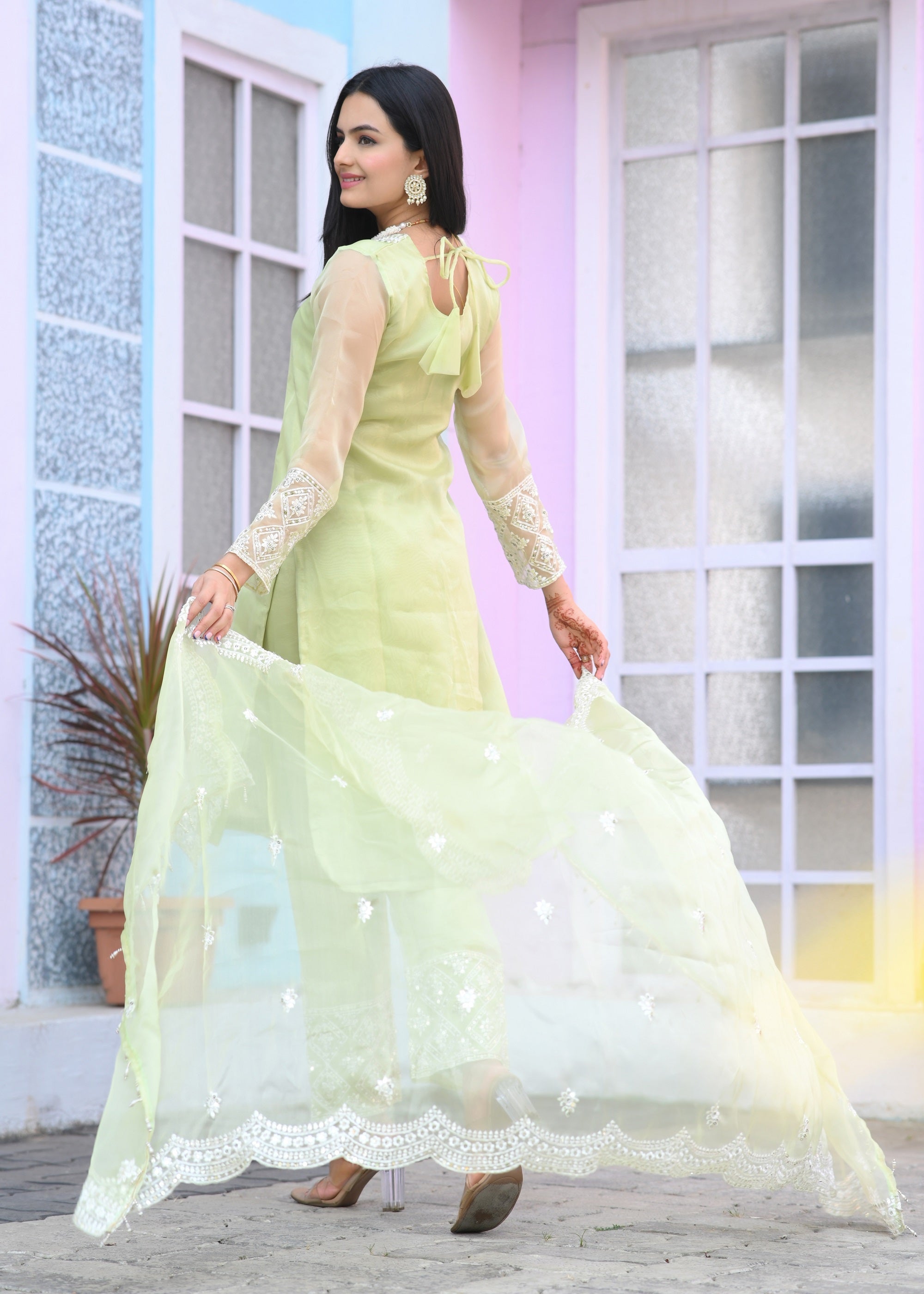 Teeya Creation Pista Color Organza Silk Heavy Embroidery Work Fully Stitched Salwar Suit | Grocsy