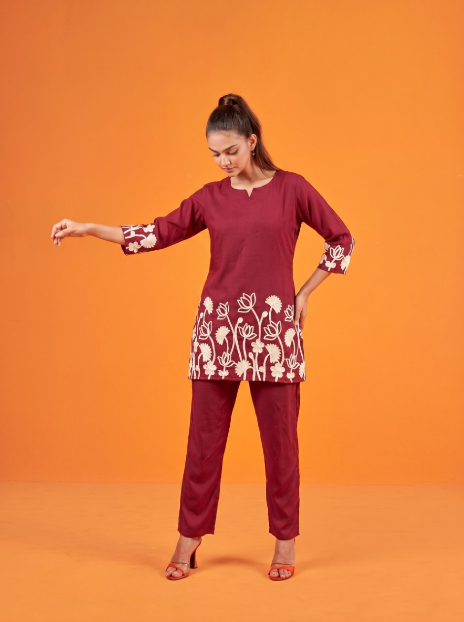 Anaita Maroon Stylish Readymade Co-Ords Set | Grocsy