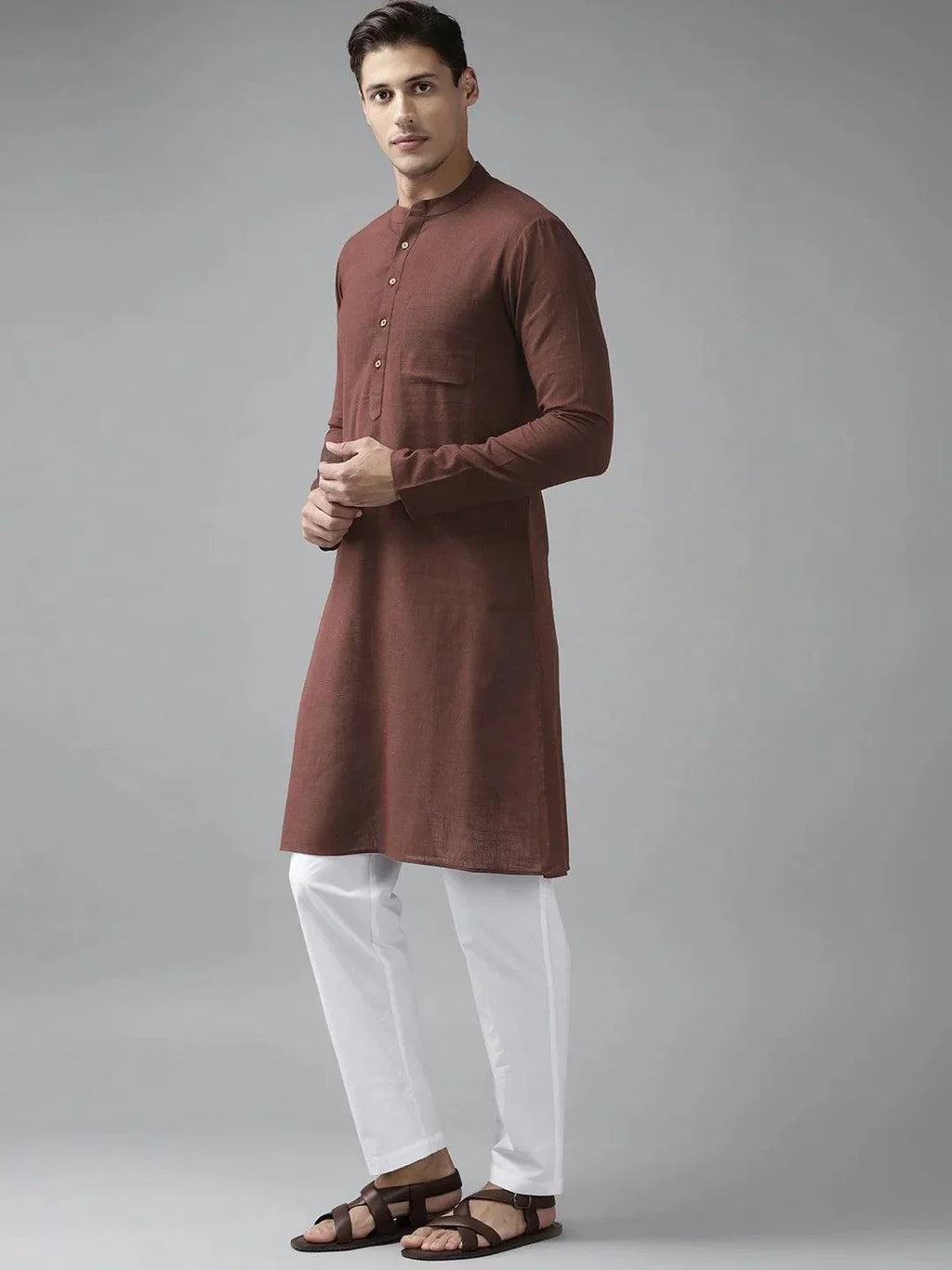 Fabmade Men Brown Cotton Linen Kurta | Grocsy