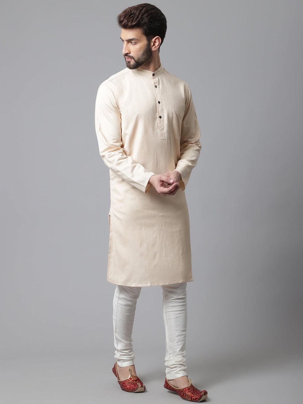 Even Apparels Cream Pure Cotton Kurta With Band Collar | Grocsy