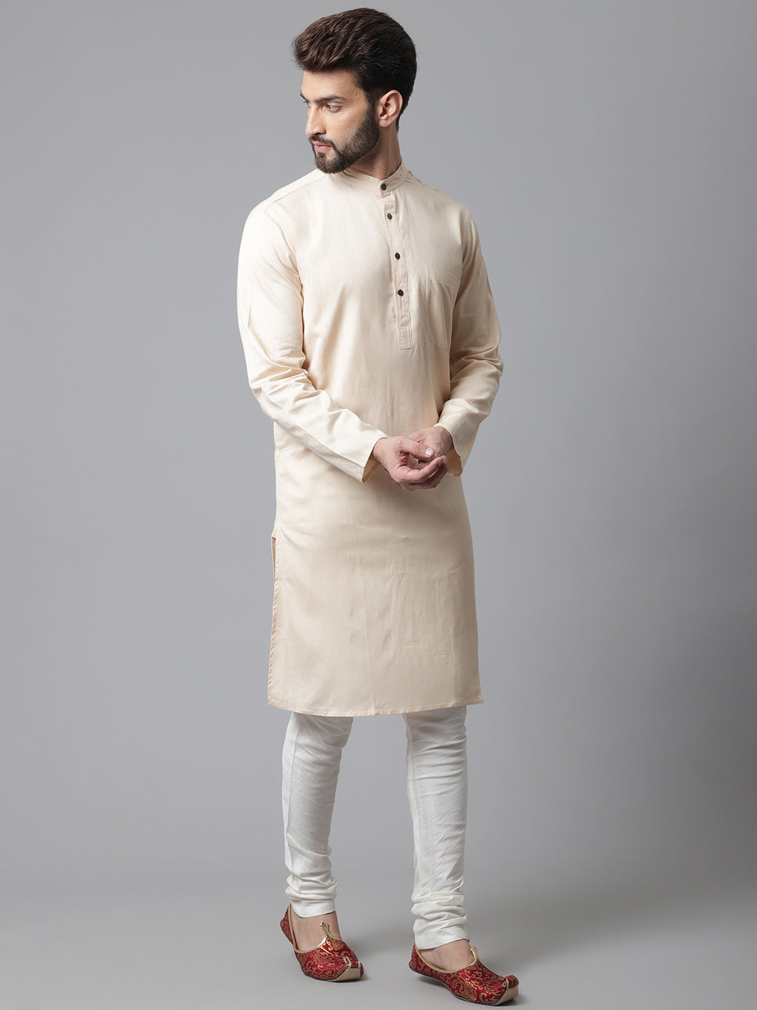 Even Apparels Cream Pure Cotton Kurta With Band Collar | Grocsy