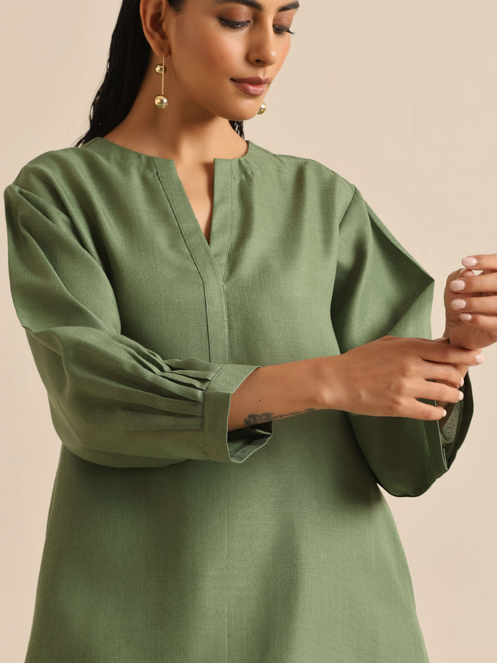 trueBrowns Olive Green Slub Relaxed Placket Co-Ord Set | Grocsy
