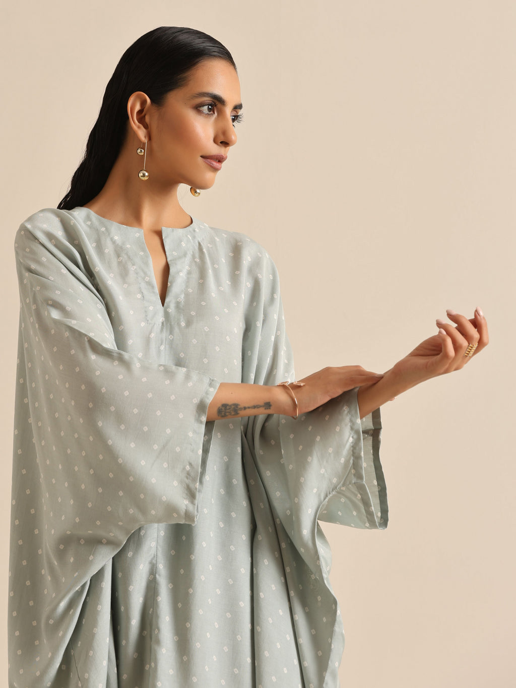 trueBrowns Grey Bandhani Printed Silk Kaftan Co-Ord Set | Grocsy